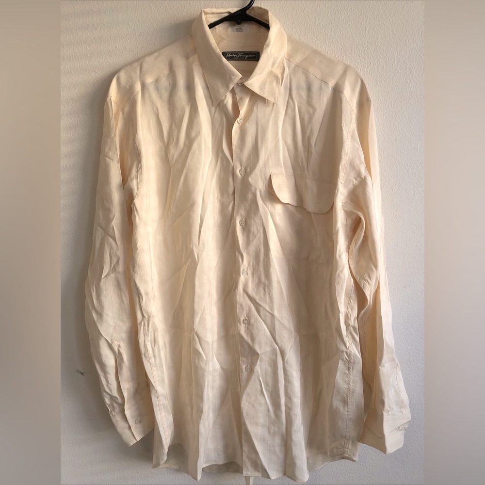 Salvatore Ferragamo Linen Silk Shirt Mens Medium 44 Chest Tan pocket